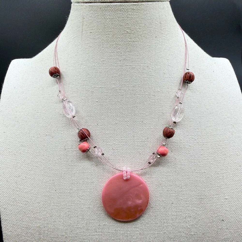 Pink Shell Disc Pendant Beaded Necklace Boho Statement Cottagecore Festival Gift